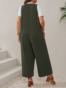 EMERY ROSE Plus Size Women'S Olive Green Jumpsuit With Buttoned Front, Split Design And Pockets - Army Green - View 2