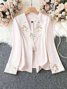 SHEIN Unity 大尺碼花朵刺繡細節長袖西裝外套 - 杏色 - 查看 1