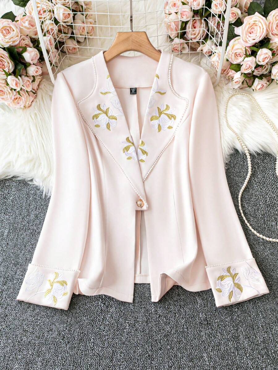 SHEIN Unity 大尺碼花朵刺繡細節長袖西裝外套 - 杏色 - 查看 1
