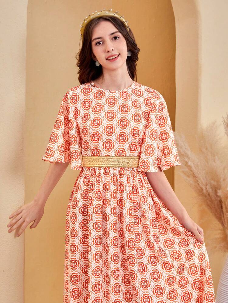 Teen Girl's Jacquard Floral Printed Trumpet Sleeve Dress With Gold Waistband Decor And Embroidery