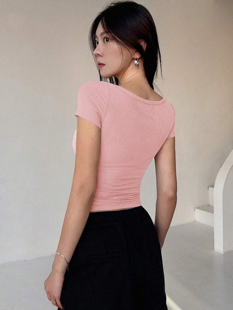 Women's Button Half-Placket Ribbed Knit T-Shirt Preppy Tops