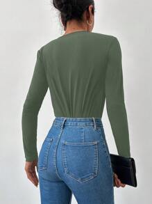 EURMUSE Solid Plunging Neck Bodysuit - Green - View 2