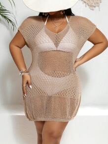 SHEIN Swim Curve Robe cache-maillot à manches chauve-souris ajourée pour femme grande taille pour l'été - Kaki - Voir 1