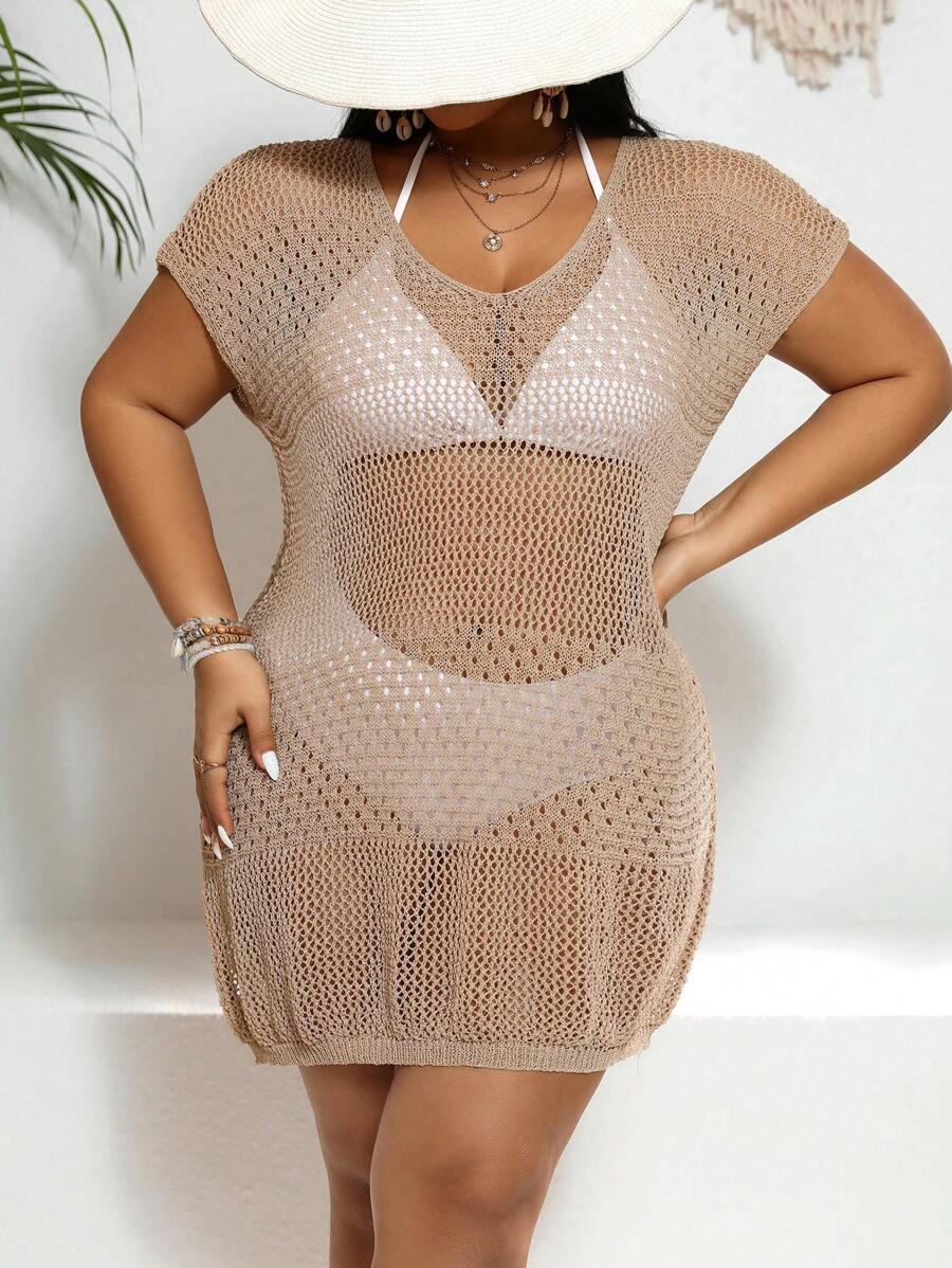 SHEIN Swim Curve Robe cache-maillot à manches chauve-souris ajourée pour femme grande taille pour l'été - Kaki - Voir 1