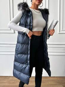 EURMUSE Hooded Padded Vest Jacket With Collar - Blue - View 3