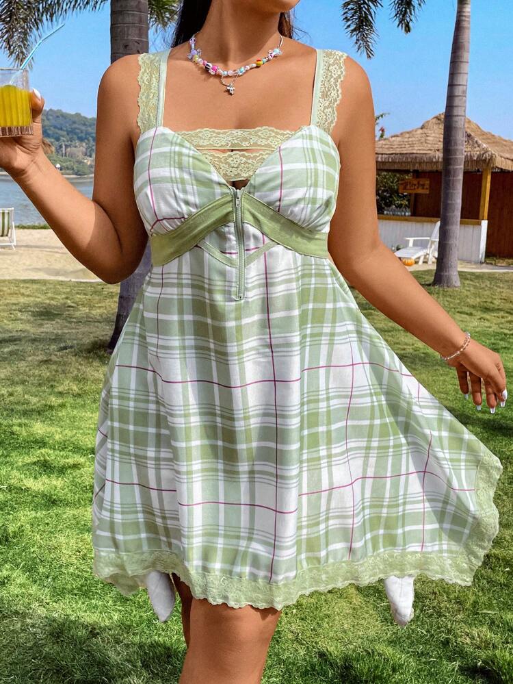 Plus Size Women's Plaid Printed Asymmetric Hem Spaghetti Strap Dress With Lace Detailing