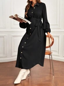 SHEIN Maternity Single-Breasted Long Sleeve Shirt Dress - Black - View 1