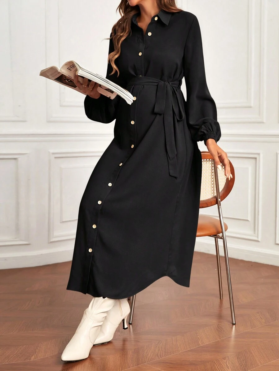 SHEIN Maternity Single-Breasted Long Sleeve Shirt Dress - Black - View 1