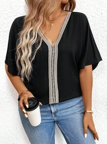 SHEIN LUNE Plus Size Summer Contrast Lace V-Neck Blouse - Multicolor - View 1