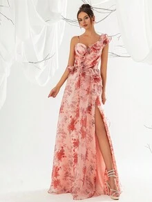 VIPGIRL Abito elegante da sera da donna con stampa floreale, balze in in rete e bordino - Rusty Rose - Visualizzare 4