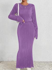 RosyDaze 女款圓領長袖上衣與魚尾下擺裙套裝 - 紫丁香色 - 查看 3