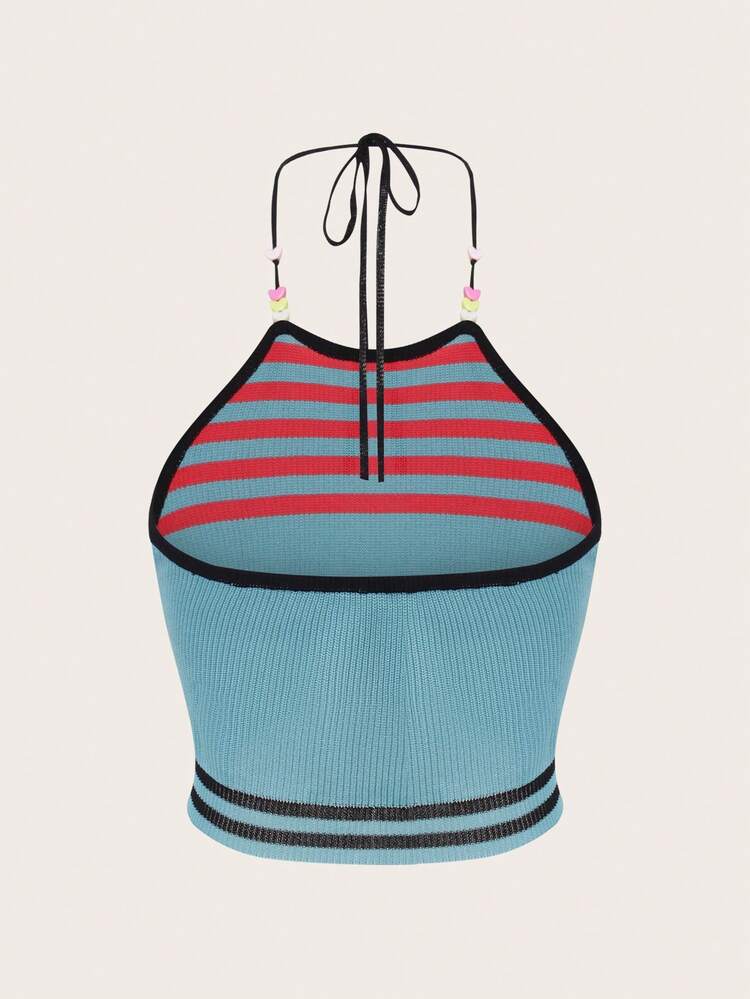 Casual Easter Women's Music Festival Blue & Pink Contrast Color Striped Halter Knitted Beading Summer Tight Top