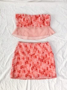Soleia Women Two-piece Outfits Appliques Kontras Mesh Lettuce Trim Bunga Seksi - Berwarna merah muda - View 3