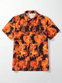 Teen Boys' Casual Street Flame & Letter Printed Shirt