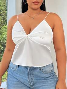 CovetEZ Kích thước lớn Mặt trước Xoắn Xa ten Cami ngọn Với Xếp - trắng - Xem 3