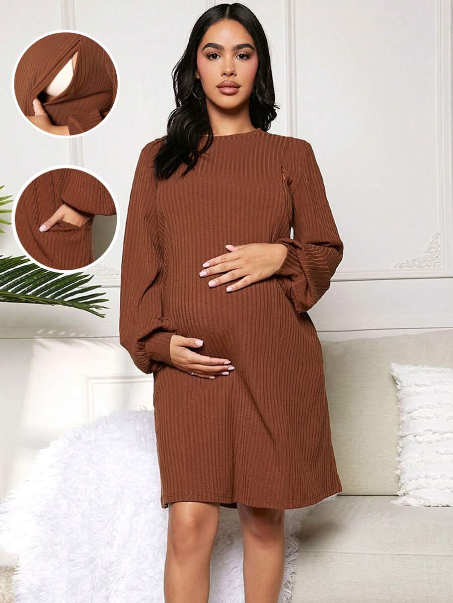 SHEIN Vestido De Maternidad Para Lactancia Con Bolsillos Ocultos - Óxido marrón - Ver 1