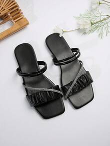 Dép đế bằng kim cương đen mùa hè và mùa thu mới cho nữ - Dép xăng đan thường ngày phong cách Pháp thời trang đi biển & ngoài trời - màu đen - Xem 5