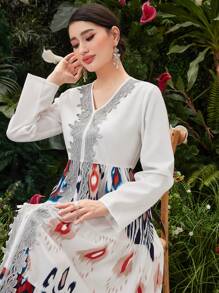 Al Najma Women's Embroidery Patchwork V-Neck Long Sleeve Dress Fall Cloth For Women - Multicolor - View 4