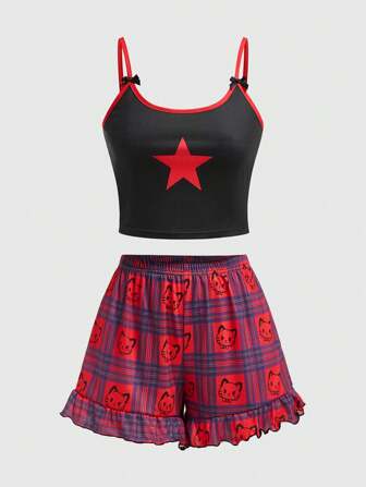 Kawaii Ladies' Pajamas Set, Featuring Pentagram And Plaid Patterns