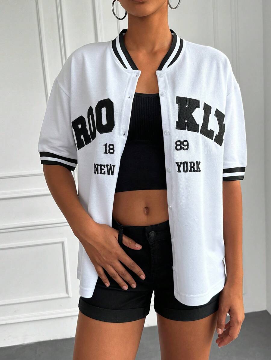 EURMUSE Letter Graphic Striped Trim Baseball Collar Tee - White - View 1