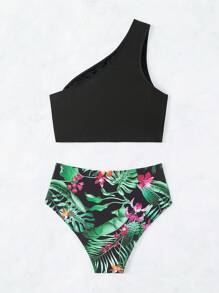 SHEIN Swim Bộ bikini hai mảnh in hình cây một bên vai đi biển mùa hè - Nhiều màu - Xem 4