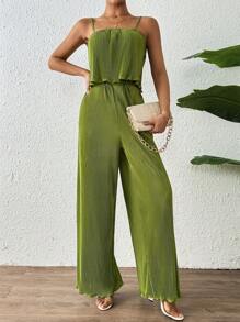 SHEIN Unity 有紋路摺褶背心上衣和彈性腰寬腿長褲套裝 - 綠色 - 查看 6