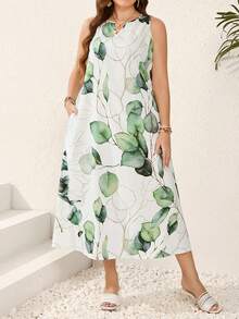 EMERY ROSE 大尺碼女士植物印花無袖裙 - 白色 - 查看 4