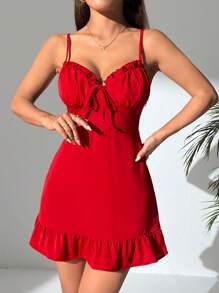 SHEIN PETITE 女用褶皺荷葉邊下擺細肩帶洋裝 - 紅色 - 查看 3