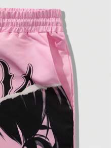 ROMWE MEN Pantalones cortos tejidos con estampado de anime para hombres, adecuados para el uso diario en primavera y verano, escuela - Rosa - Ver 6