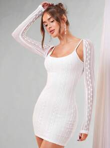 SHEIN BAE Romantic Valentine's Day Women Long Sleeve 2 In 1 Bodycon White Lace Mini Dress For Date Night - White - View 1