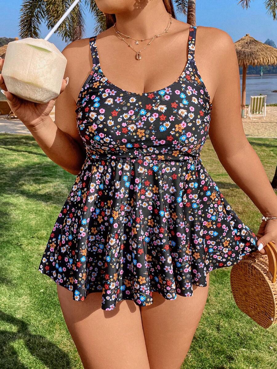 Swim Lushoire Plus Size Random Printed Cami Tank Top And Triangle Brief Tankini Set, Beach Outfit Tankini Set Bathing Suit Summer,Summer Beach - Multicolor - View 1