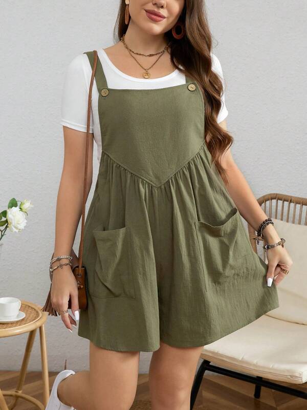 SHEIN LUNE Plus Size Solid Color Romper With Two Pockets