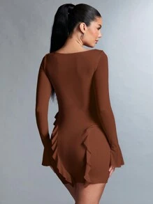SHEIN BAE 女性荷葉邊修身洋裝 - 咖啡棕 - 查看 2