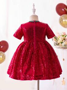 SHEIN Young Girls' Fashionable Sports Style Sequined Digital - Letter Pattern Short Sleeve Dress With Round Neck - Hot Pink - View 2