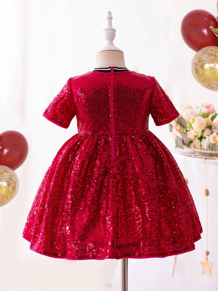 Young Girls' Fashionable Sports Style Sequined Digital - Letter Pattern Short Sleeve Dress With Round Neck