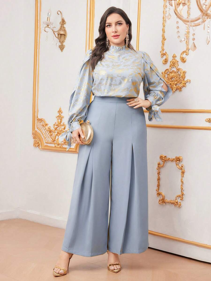 Modelyn Plus Size Women's Stand Collar Top And Wide Leg Pants Set With Gold Foil Print - Multicolor - View 1