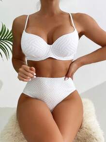 SHEIN Swim Summer Beach Solid Texture Bikini Set - White - View 3