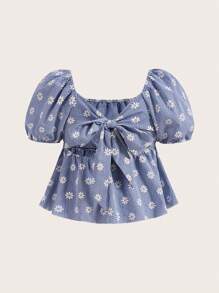 SHEIN Qutie 大尺碼女式早春蝴蝶結格紋和花卉印花襯衫 - 彩色 - 查看 1