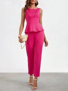 SHEIN Clasi Conjunto De Top Sin Mangas Y Pantalones De Color Sólido Para Mujer - Rosa Fucsia - Ver 5