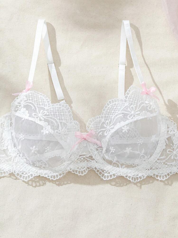 Romantic French White Floral Embroidery Lace Lingerie Set With Spaghetti Strap