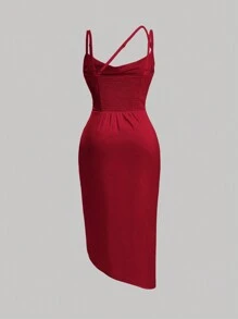 SHEIN MOD Vintage Slim-Fit Shirred Jacquard Plus Size Cami Dress - Burgundy - View 2