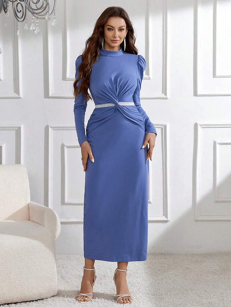 Women's Puff Sleeve Arab Twist Knot Dress Long Evening Dresses