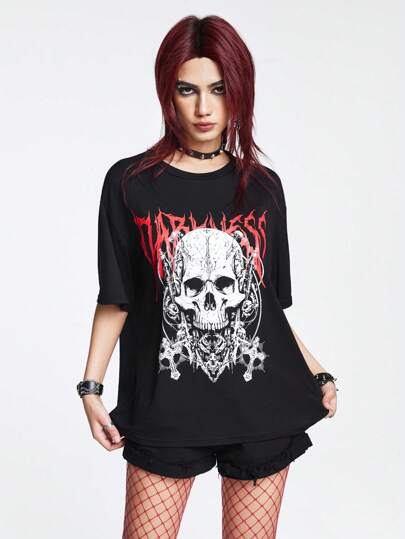Goth Women's Casual Oversized T-Shirt With Letter & Skull Print