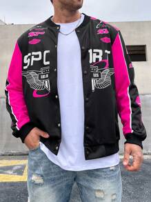 Manfinity EMRG Men Plus Color Blocking Wing & Letter Print College Style Jacket
