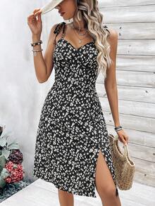 SHEIN VCAY Floral Print Knot Shoulder Cami Sundress - Black - View 4