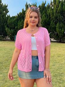 SHEIN Qutie Plus Size Women's Short Sleeve Cute Pink Cardigan For Spring - Baby Pink - View 4