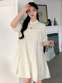 DAZY 女士泡泡袖下摆立领荷叶边连衣裙，秋季长袖连衣裙 - 白色 - 查看 1