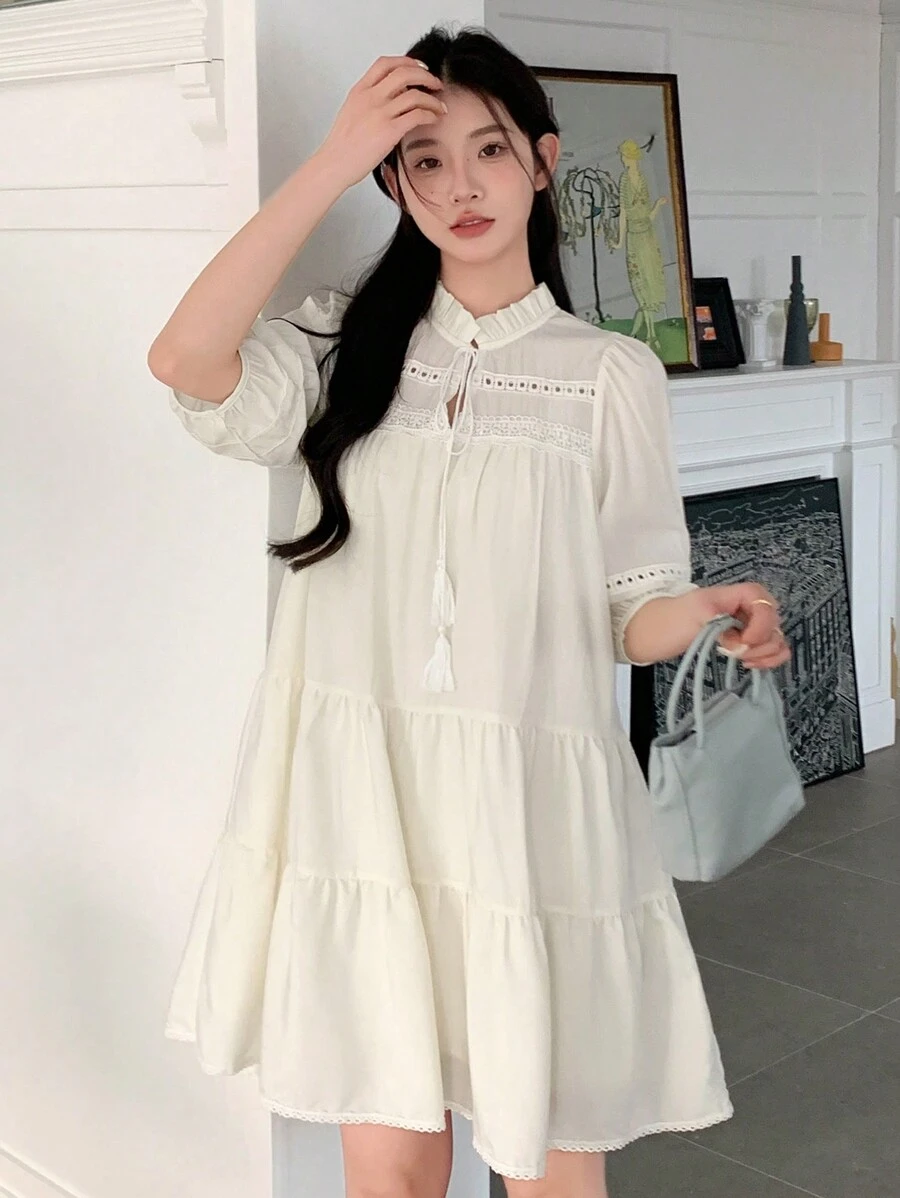 DAZY 女士泡泡袖下摆立领荷叶边连衣裙，秋季长袖连衣裙 - 白色 - 查看 1