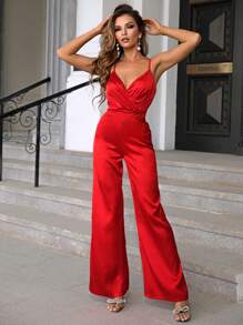 Joyfunear Women's Solid Color Ruched Camisole Wide Leg Elegant Jumpsuit - Red - View 1