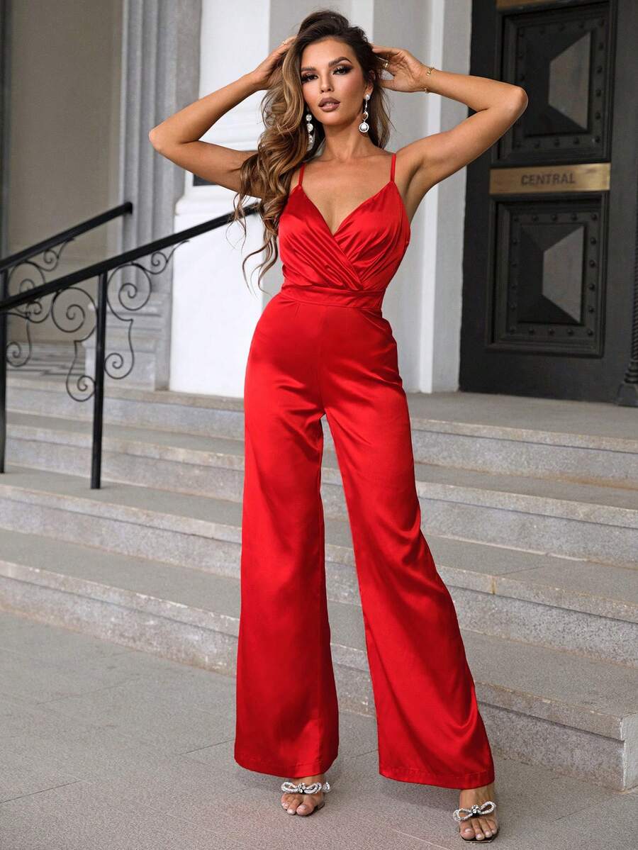 Joyfunear Women's Solid Color Ruched Camisole Wide Leg Elegant Jumpsuit - Red - View 1